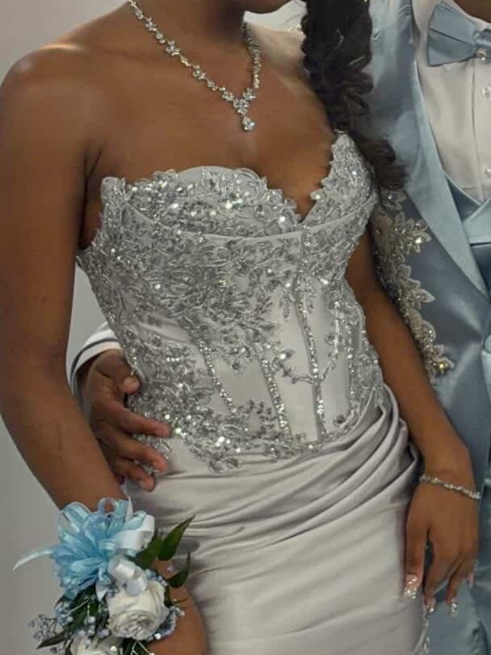 Embellished Silver Strapless Corset Tuxedo Dress — Women’s Formal Gown
